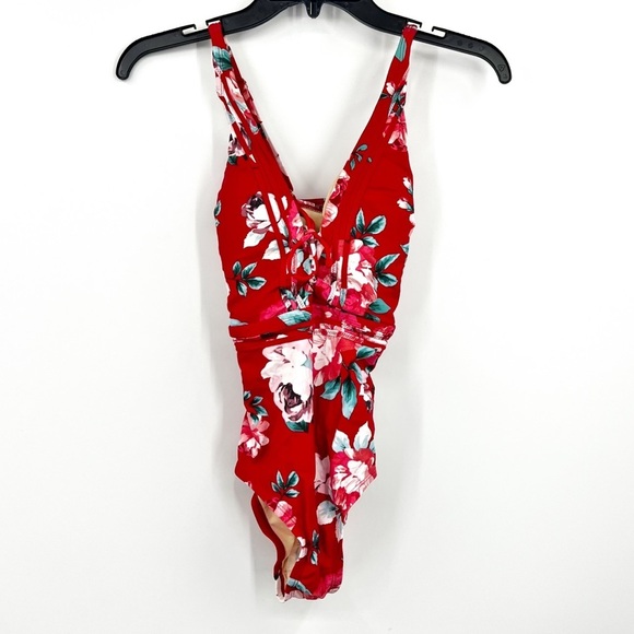 Kona Sol Floral One Piece Swimsuit Red Lace Up NWT Sz Small - Picture 2 of 5